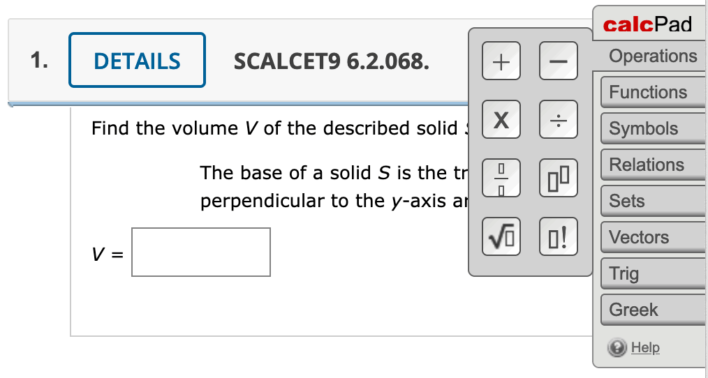 CalcPad in WebAssign with features such as a template for writing fractions or radicals.