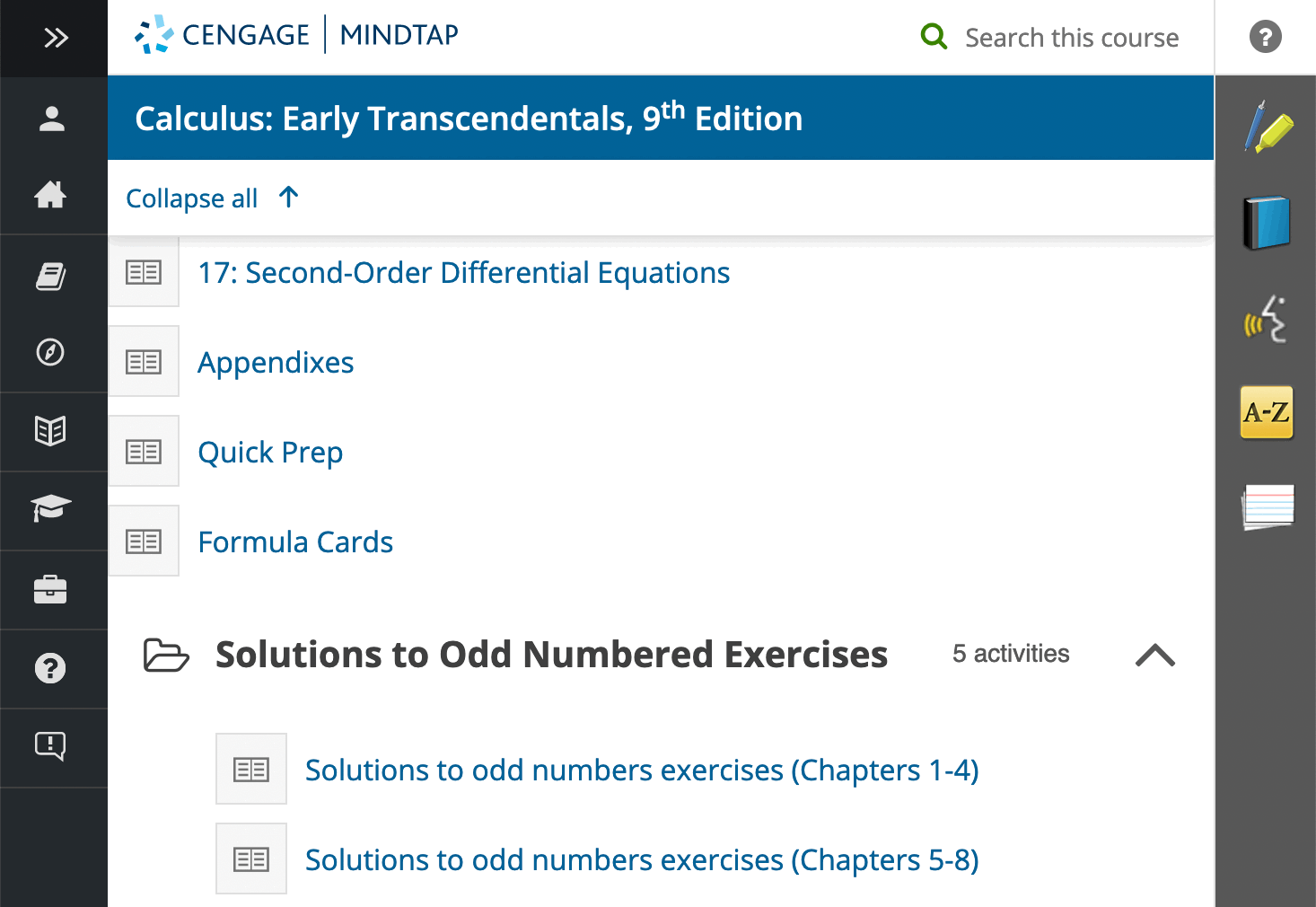 Screenshot of MindTap's table of contents with solutions to odd numbered exercises at the bottom.